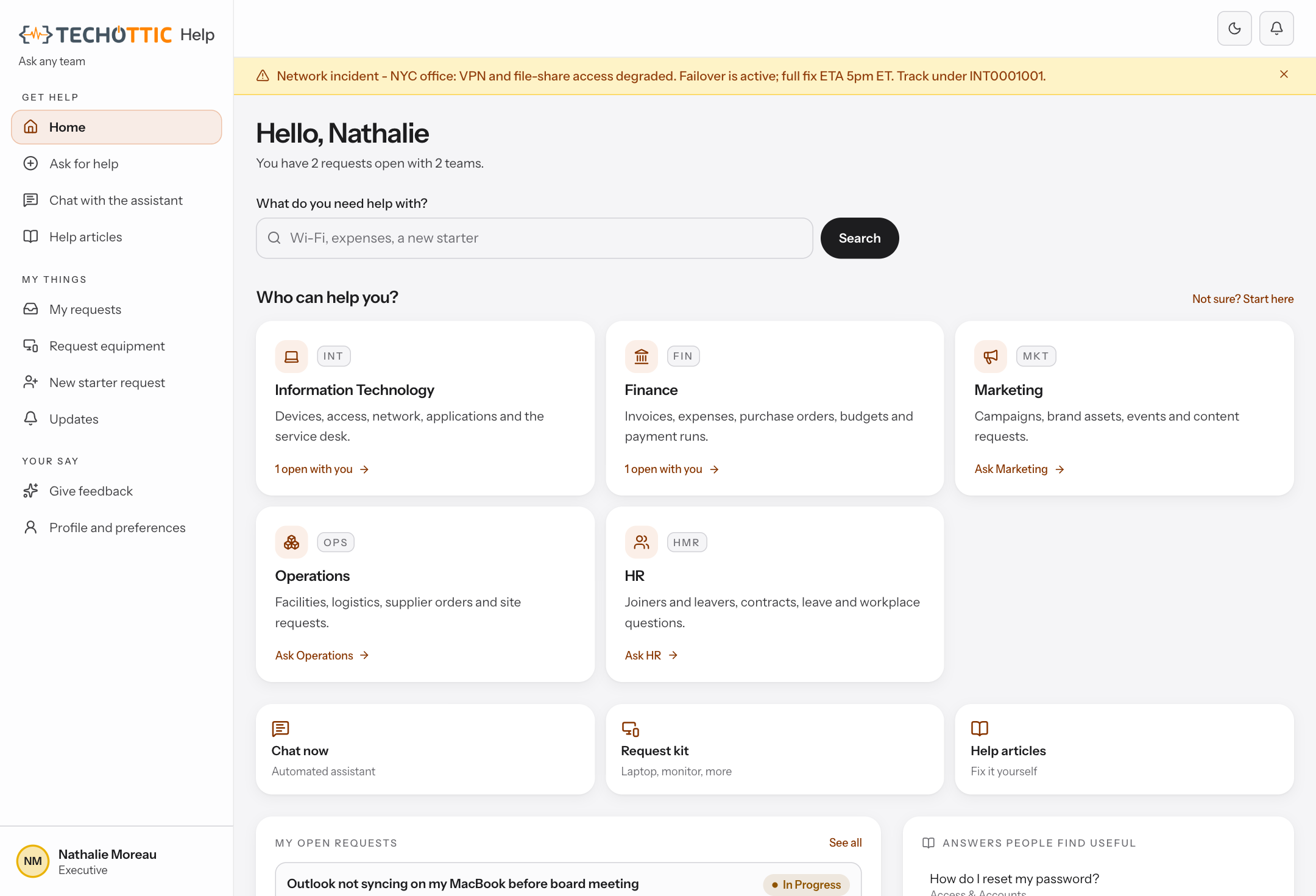 The employee portal: a Who can help you panel of department tiles, Information Technology on INT, Finance on FIN, Marketing on MKT, Operations on OPS and HR on HMR, each with a one-line description of what it handles and either a count of that person's open requests or an invitation to ask that team