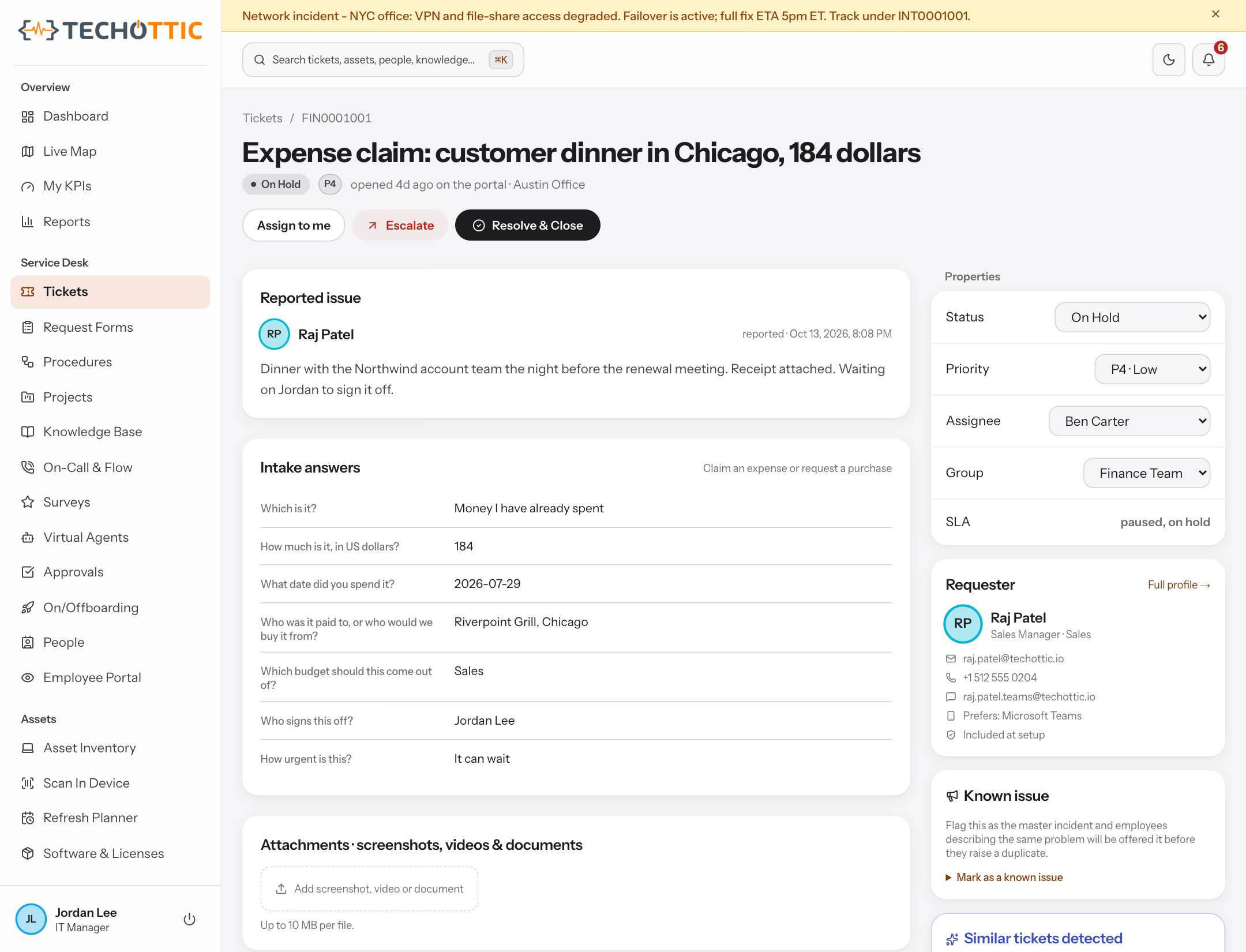 One Finance request: an expense claim for a customer dinner, on hold at P4 with its service level marked paused while it waits on the requester, the seven questions the Finance intake form asked and the answers given to each, the requester's profile and contact preference, and the device the claim was filed from